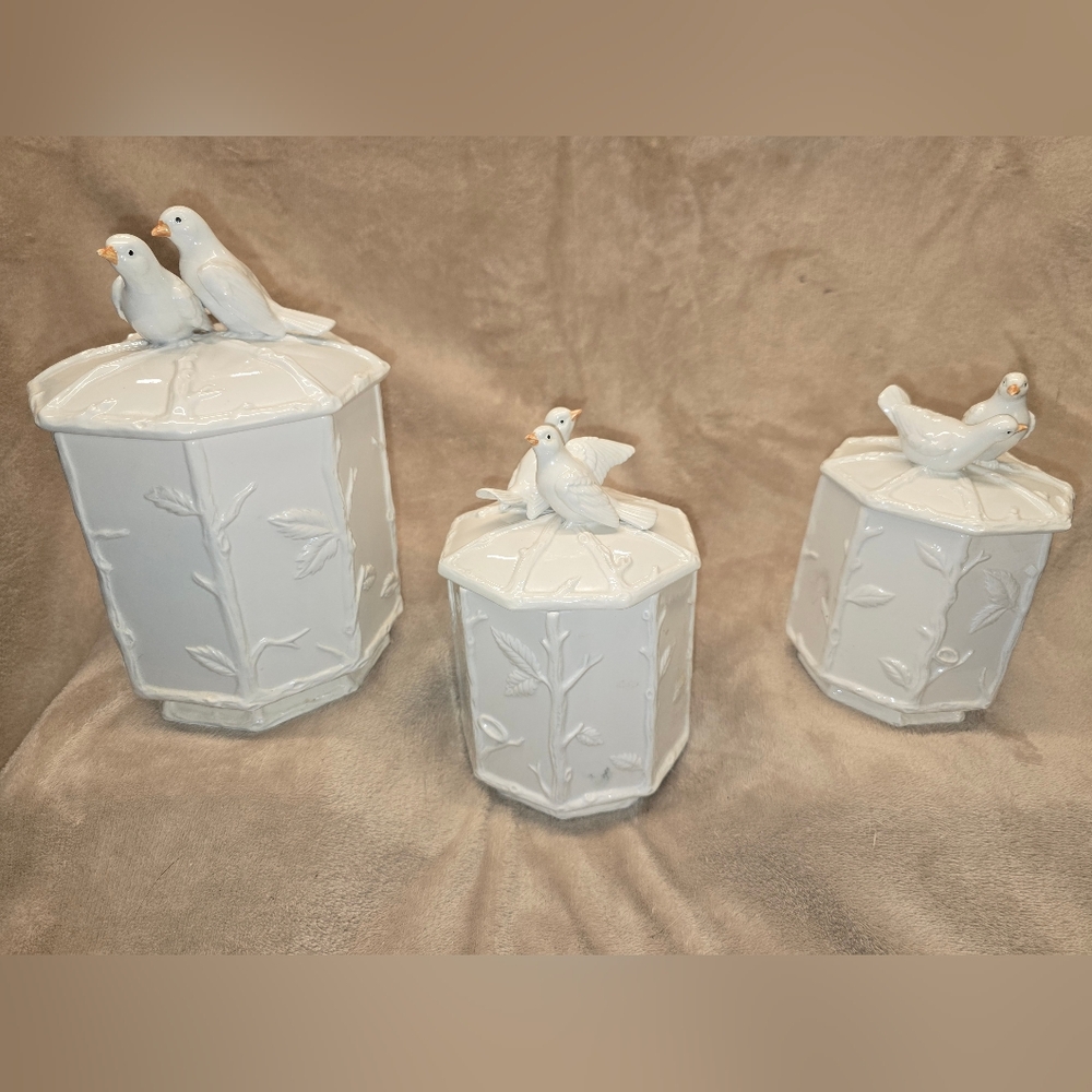 Vintage Napcoware Canister Set, 3 Ceramic White Chinoiserie Regency Bird Faux...